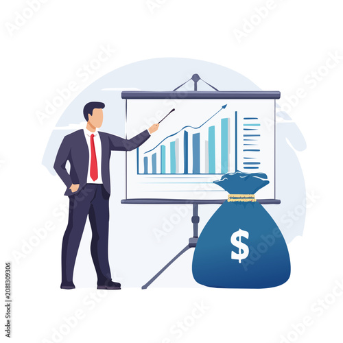 Businessman presenting financial charts and money bag