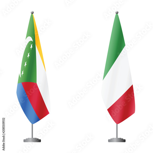 Fotografie Comoros and Italy flags on flagpoles for official ceremonies and meetings, trans