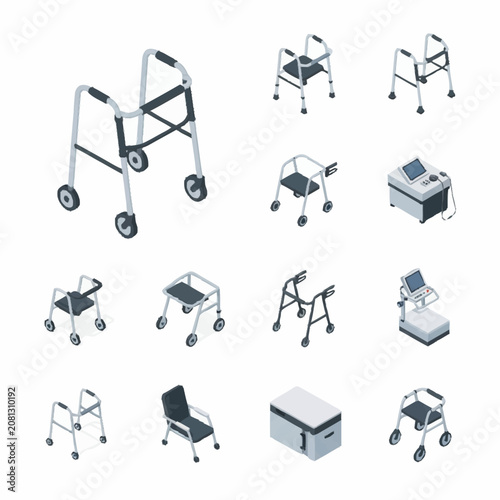 Fotografi Collection of medical walkers and mobility aids in flat design.