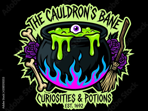 Konstfotografi Halloween Witch Cauldron Mascot Logo with Potion Slime and Broomstick