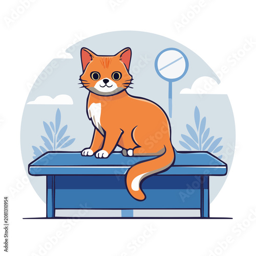 Orange cat sitting on a blue bench illustration