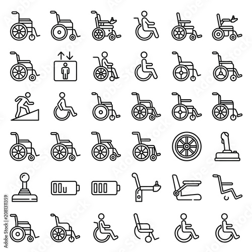 A collection of wheelchair and accessibility line icons