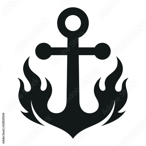 Black anchor symbol with flames around it on white background icon