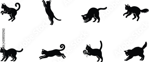 Photography Set of silhouettes of playful cats in various active poses vector illustration
