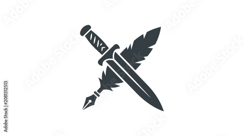 A minimalist graphic illustration featuring a sharp dagger crossed with a classic quill pen