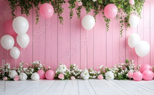 White floral garland on pink wooden wall background.