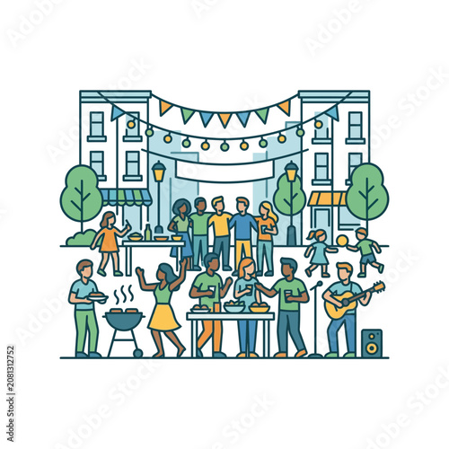 A diverse group of people enjoys a festive outdoor neighborhood block party celebration