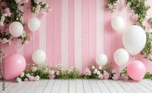 Empty photo booth stage with pink balloons and flowers.