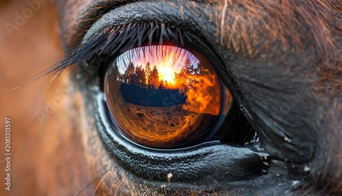 Intense Gaze - Horse Eye Reflecting a Fiery Sunset Landscape.
