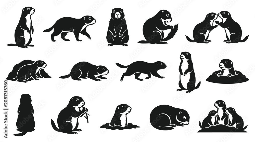 Fototapeta premium Black White Silhouette Vector Icons of Groundhogs