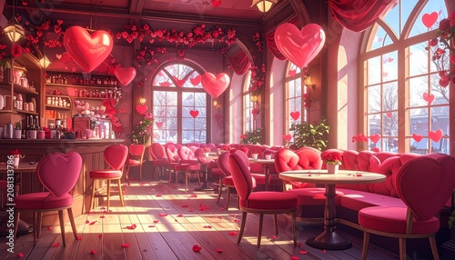 Romantic Valentines Day Restaurant Interior with Heart Balloons and Decorations.