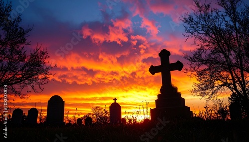 Silhouette of Cemetery at Sunset - A Place of Remembrance and Peace.