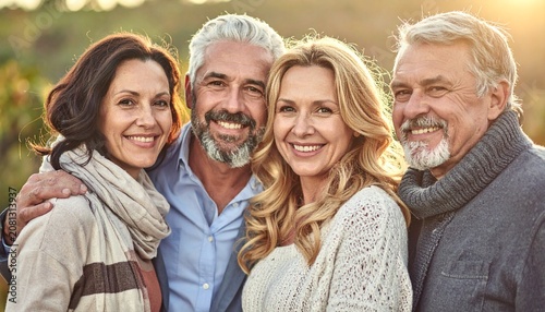Smiling Mature Friends Enjoying Time Together Outdoors in Natural Light.