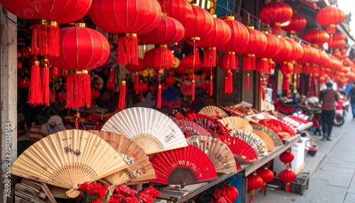 Vibrant Chinese New Year Market Scene with Red Lanterns and Fans.
