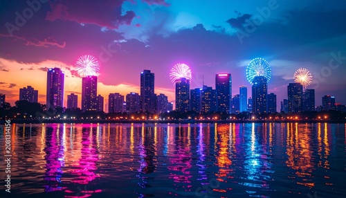 Vibrant city skyline reflecting in water at twilight, a stunning urban landscape.