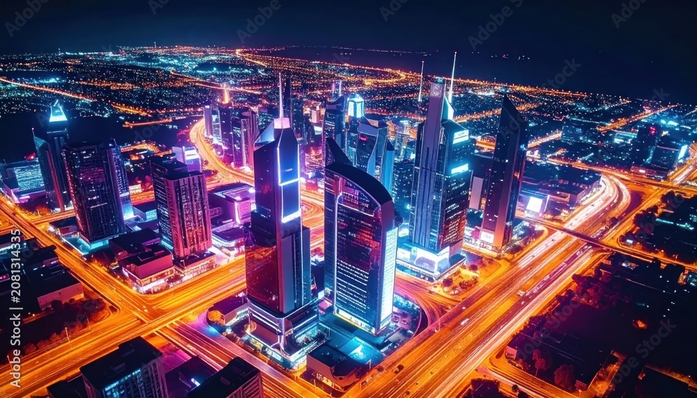 Obraz premium Aerial view of cityscape at night.