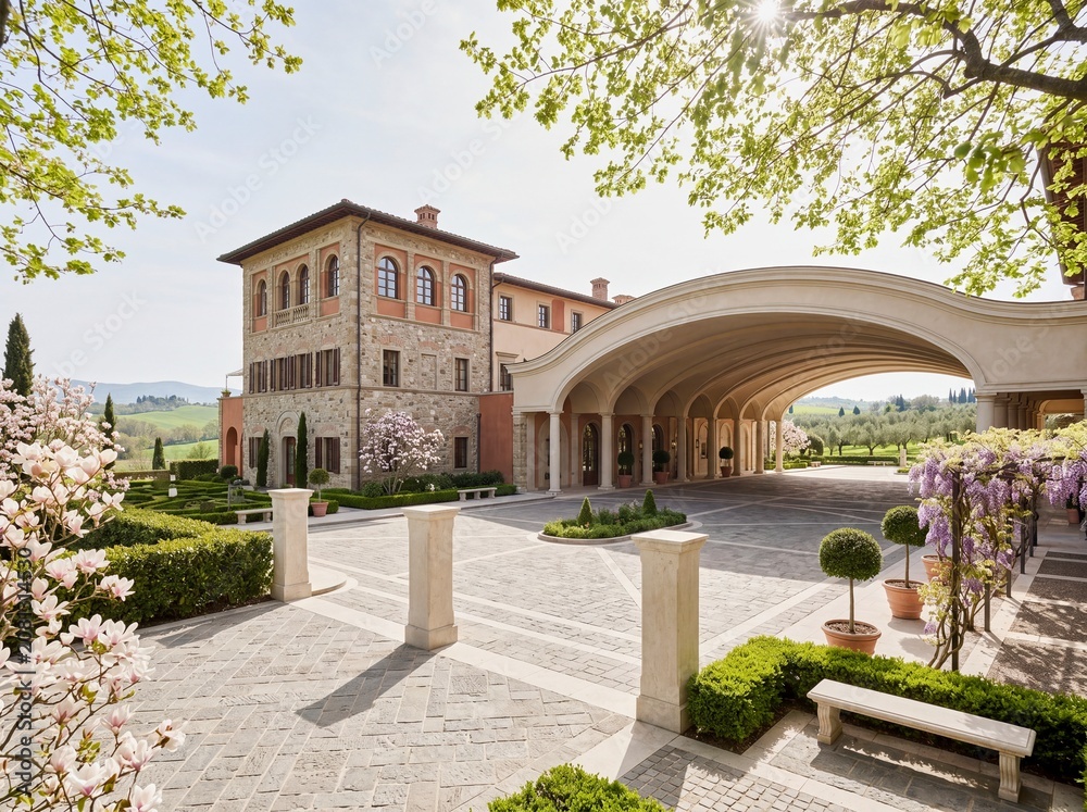 Fototapeta premium Resort driveway with arched portico and landscaped spring gardens