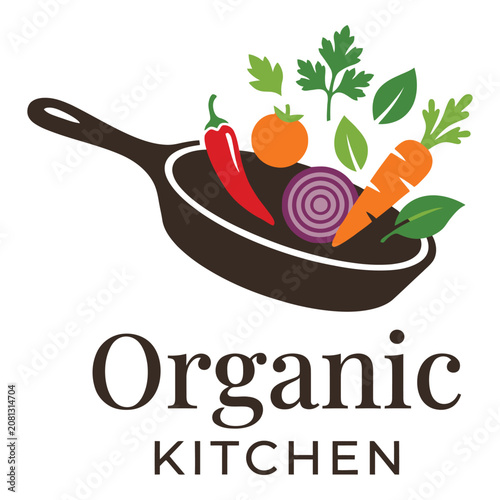 Organic kitchen logo with frying pan and fresh vegetables  healthy food concept icon
