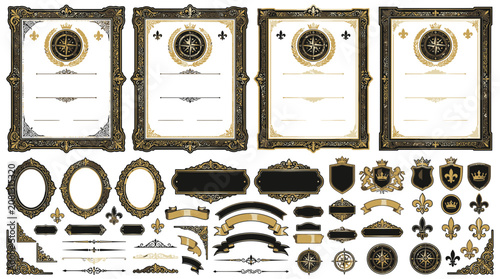 Vintage Frames, Ornate Borders, Emblems, Ribbons, Compass Rose Set