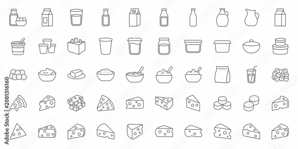 Fototapeta premium Dairy products and cheese line icon set
