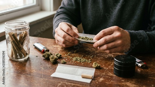 Foto A close-up view of a person rolling a cannabis joint on a wooden table with smoking accessories