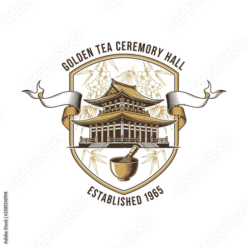 Foto Japanese pagoda and tea bowl logo for ceremony hall.