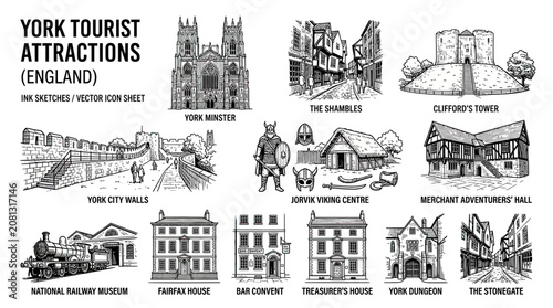 York Tourist Attractions England Ink Sketches Vector Icon Sheet Hand Drawn