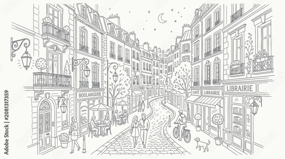 Naklejka premium Parisian Street Scene Illustration - Charming French Cityscape with Cafes and Shops