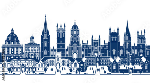 Oxford Cityscape Silhouette, Historic University Buildings, Blue Outline on White Background