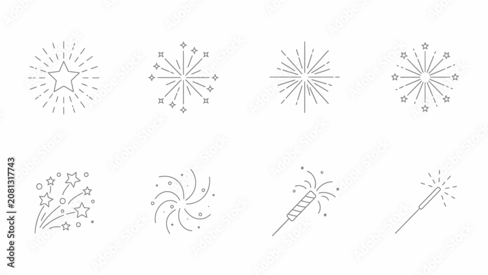 Obraz premium Fireworks and Sparkler Celebration Line Icons Set