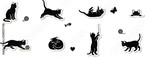 Photography Set of cute black cat silhouettes in various playful poses vector illustration