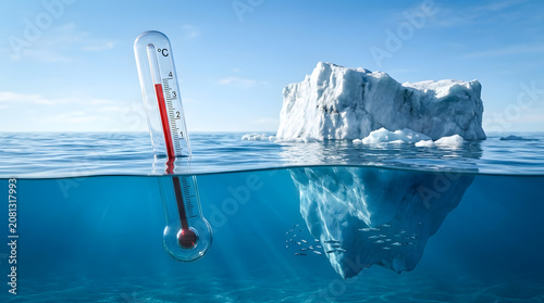 Thermometer in ocean water with melting iceberg illustrating global warming concept