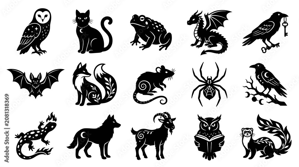 Fototapeta premium Mystical Occult Witchcraft Animals Creatures Black Glyph Silhouettes Icon Set