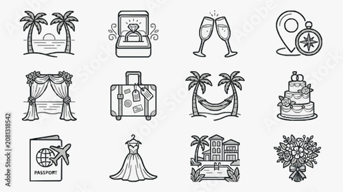 Elegant Black and White Line Art Icons Set Featuring Wedding Travel and Celebration Symbols with high quality professional line art symbols for modern creative design and digital branding projects