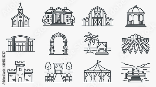 Modern Black and White Line Art Icons Set of Various Architectural and Event Venues for Design Projects
