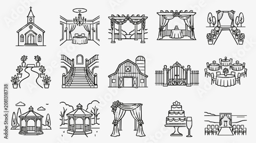 Minimalist Black and White Line Drawing Collection of Wedding and Event Venues Decorations and Elements