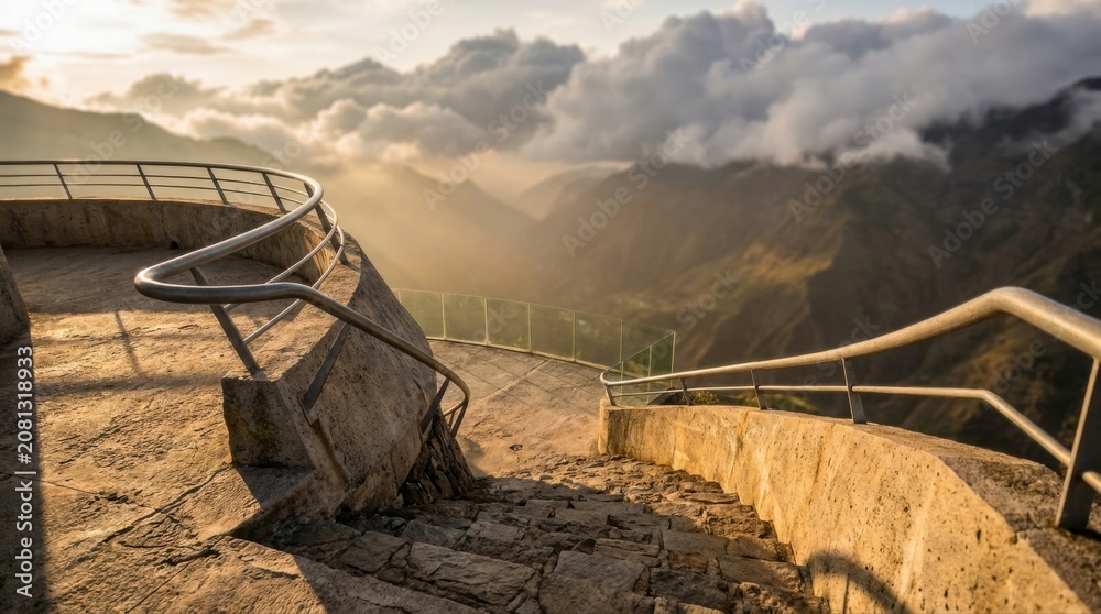 Fototapeta premium A sculptural concrete viewpoint terrace with curved railings, weathered stone steps, and a glass balustrade overlooks a vast mountain valley under dramatic clouds, shot at golden hour with leading