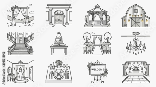 Modern Black and White Wedding Venue and Ceremony Set Featuring Various Scenes like Gazebos Barns Cake Chandeliers Dressing Rooms and Welcome Signs
