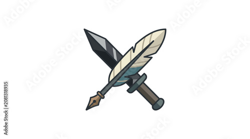 A stylized illustration featuring a crossed quill pen and a sharp dagger on a white background