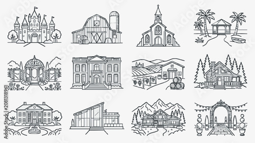 Professional Black and White Line Drawing Set of 12 Unique Stylized Buildings and Structures for Architecture Real Estate or Design Projects