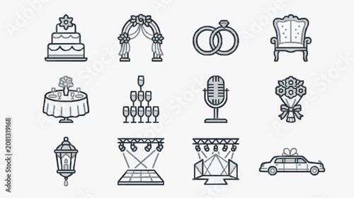 Professional Black and White Wedding and Celebration Icons Set 12 Unique Illustrations of Cake Rings Car Stage and More