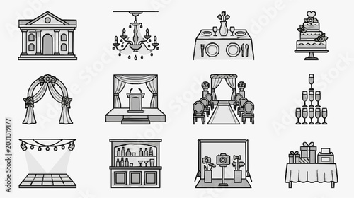 Elegant Black and White Line Art Illustrations of Wedding and Event Decorations Venues and Essentials