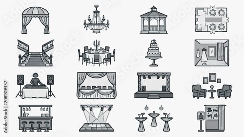 Clean Black and White Line Drawing Icons of Wedding and Event Venue Elements for Planning and Decoration