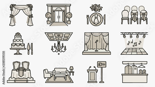 Dynamic Wedding Event Icons Set Black and White Line Art Illustrations Featuring Curtains Cake Chairs DJ Booth Podium Coat Check and More
