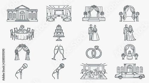 Dynamic Black and White Wedding Set Featuring Iconic Venues Decor and Celebration Elements with high quality professional line art symbols for modern creative design and digital branding projects