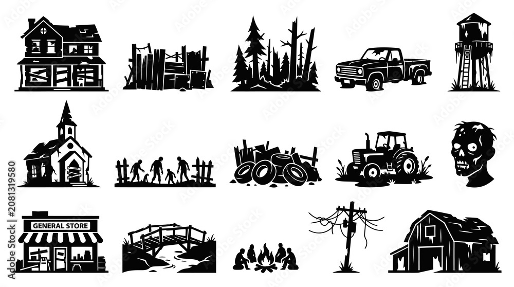 Obraz premium Post-Apocalyptic Horror Survival Black White Silhouette Icons Set: Abandoned Buildings, Zombies, Elements