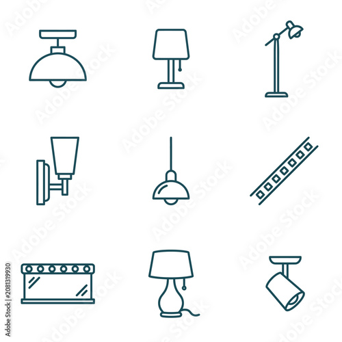 Set of modern lighting icons: ceiling, floor, wall, pendant, and desk lamps, spotlights, LED strip