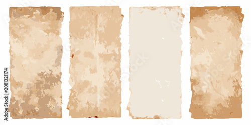 Tableau sur toile four vertical sheets of heavily aged crumpled paper on white background parchmen