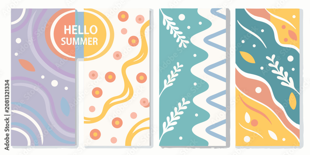 Fototapeta premium hello summer greeting card set colorful flat vector illustration design art memphis style playful theme dots