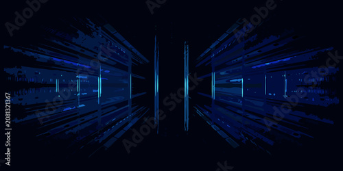 Schilderij op canvas digital tunnel perspective view in dark blue vector illustration technology futu